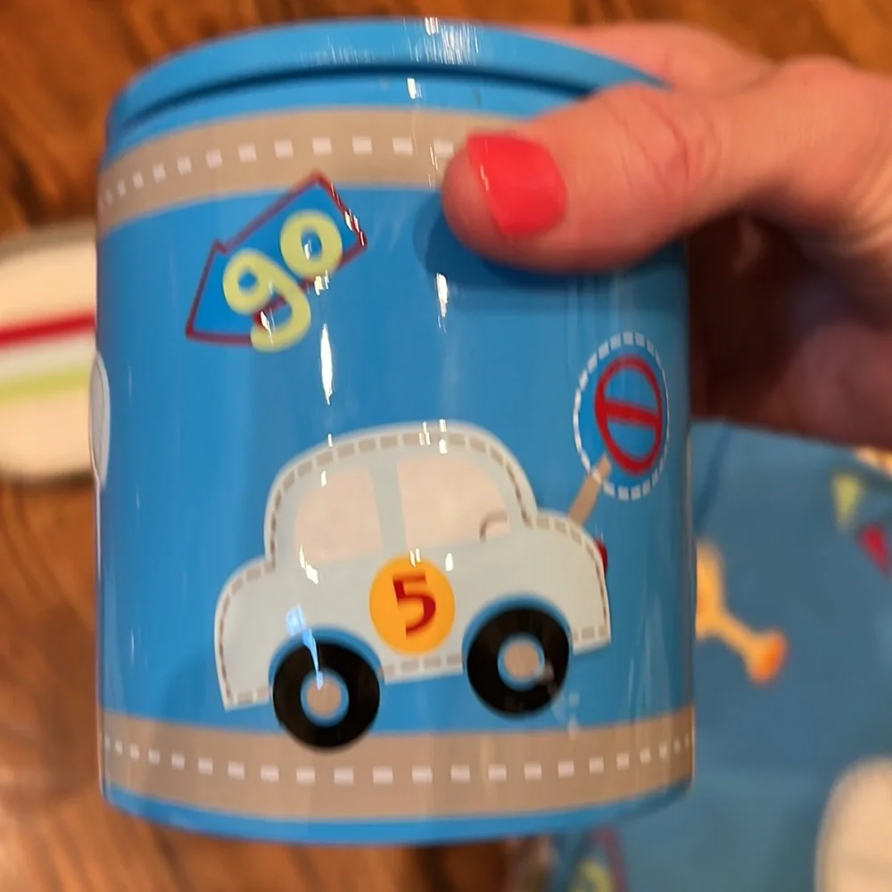 Kassatex boys bath car set: shower curtain, towels, soap dish, tray, covered jar